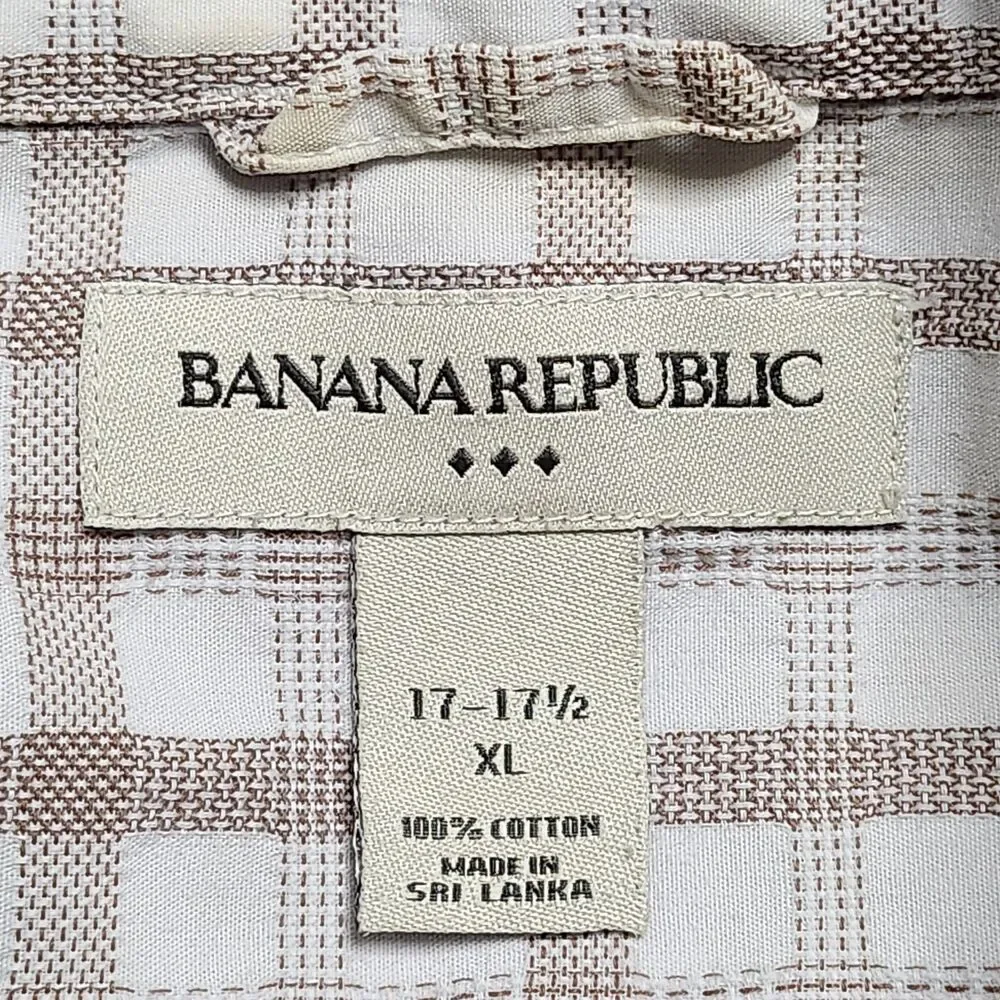 Banana Republic Dress Shirt Mens Size XL XLarge 17‎ 17 1/2 White Brown Check